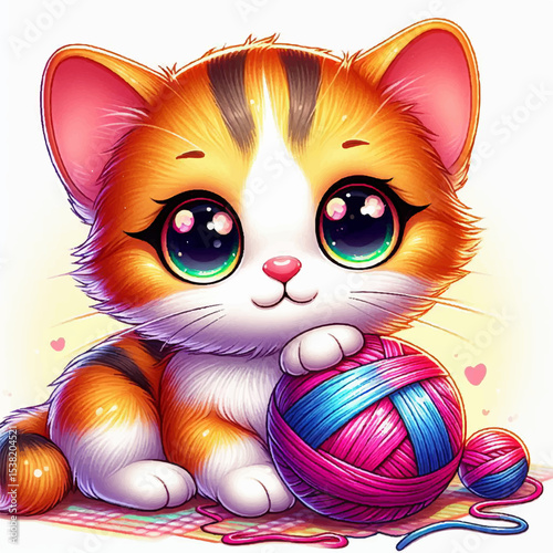 Here's a cute cartoon kitten character playing with a ball of yarn, a funny and adorable pet illustration