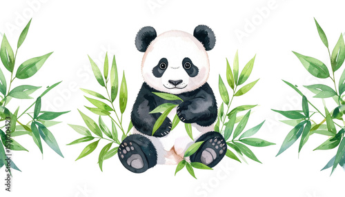 Cute panda cub playing with bamboo isolated on white background