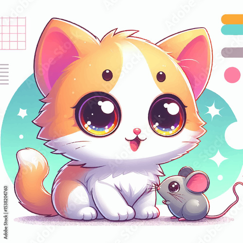 Funny cat and mouse cartoon animal illustration, a cute domestic pet drawing