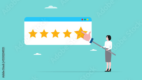 customer satisfaction survey, five star rating concept, client questionnaire or service quality feedback, woman choose a five-star rating for the experience of purchasing a product or service