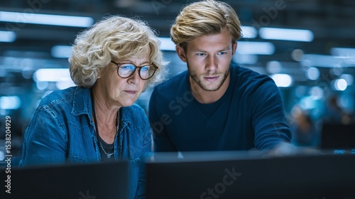 Two people looking at a computer screen in a dark room.