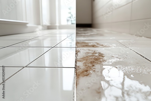  Photo split—left side clean glossy tiles, right dusty with grime and shoe marks, strong contrast shows dramatic transformation on white background.