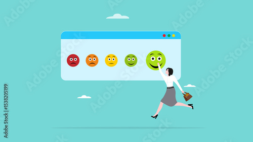 angry or smile face review, customer satisfaction survey, user emoticon experience, client questionnaire, woman choose a smile face icon rating for the experience of purchasing a product or service