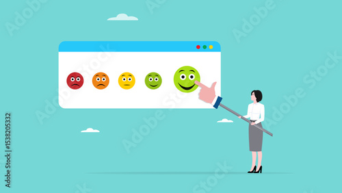 user emoticon experience, angry or smile face review, customer satisfaction survey, service quality feedback, woman choose a smile face icon rating for the experience of purchasing product or service