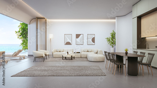 Sea view large living room of luxury summer beach house with terrace. Dining table on concrete floor and white wall kitchen in vacation home or holiday villa. Hotel interior 3d illustration.