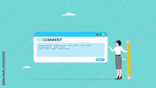 product comment or review, customer experience for evaluation, customers' opinions regarding the quality of products or services, businesswoman with big pencil write comments for products