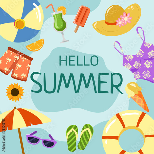 Hello summer. Vector banner design, summer sale poster. Ice cream, sunglasses, cocktail and summer mood