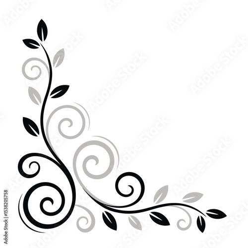 Black Gray Swirling Vine Corner Floral Element vector