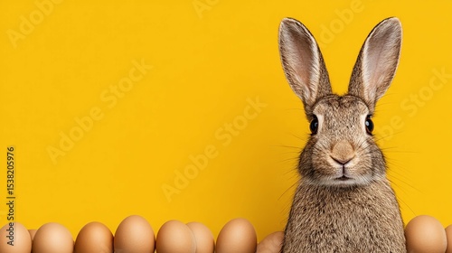 Rabbit and eggs against a yellow background for easter celebration.