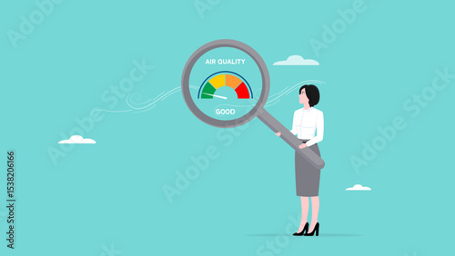 air quality, air quality index, good and fresh air conditions free from pollution, woman holding magnifying glass to check the air quality