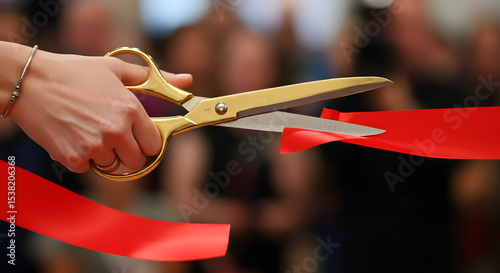 Person Cutting Red Ribbon with Gold Scissors in Celebration Event
