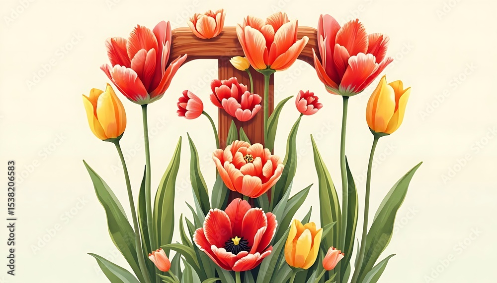Obraz premium Wooden cross adorned with vibrant tulips in red, orange, and yellow, surrounded by green leaves.
