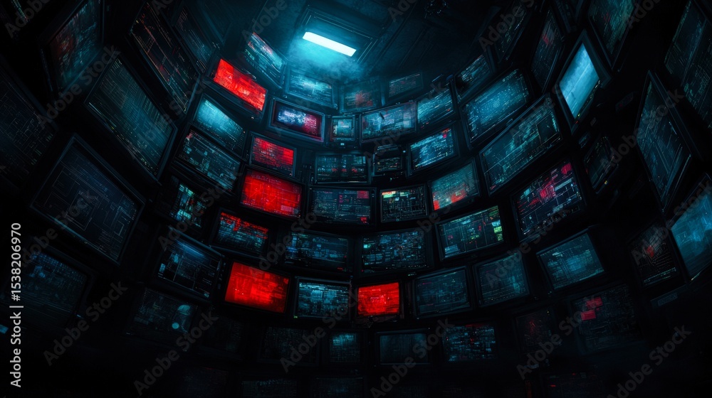 Fototapeta premium A dimly lit room features multiple screens displaying complex data in shades of red and blue, creating a futuristic atmosphere, Ideal for tech-related projects, cybersecurity visuals