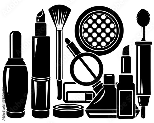 A glamourous collection of beauty icons: makeup sets, cosmetic brushes, lipstick, and nail polish bottles in pink