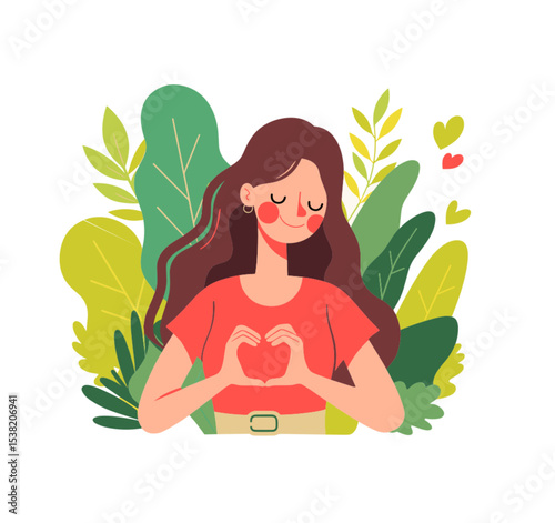 Health and self care vector woman illustration for relax with deep breath or calm emotion. Happy yoga practice and mental balance therapy for peace. Meditation recovery with joyful smile.