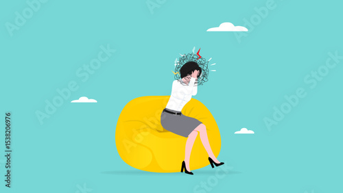depressed businesswoman sitting on yellow sofa