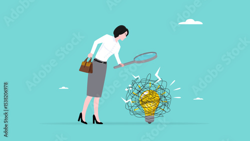problem solving to fix business problem, finding solution or strategic thinking, contemplation or messy issue, businesswoman with magnifying glass thinking to remove messy line on lightbulb idea