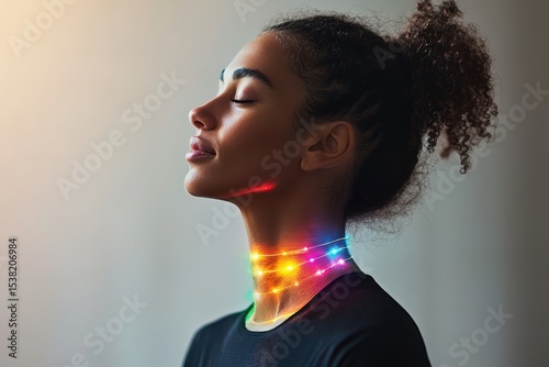  Side view of meditating figure with visible chakra points, soft pastel aura around body, glowing spine alignment emits light on white background.