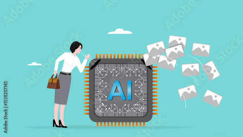 prompt to generate art with AI chip, AI with future of the work, command words to operate artificial intelligence, man gives command sentences to the AI ​​chip to produce images or help complete work