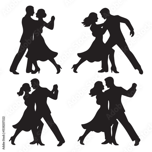 Couple Dance Silhouette Vector – Romantic Ballroom Dancing Poses Illustration

