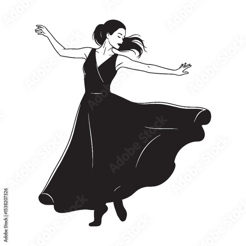 Fluid Figure Dancing Woman Graceful Outline Vector, Showing Her Smooth and Continuous Movement - dancing woman silhouette - dancing woman vector - silhouette of dancing woman
