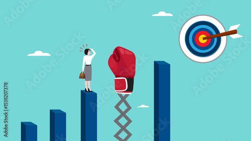 one more step towards success, the final hurdle to success, businesswoman thinks critically to solve the last obstacle to achieve success