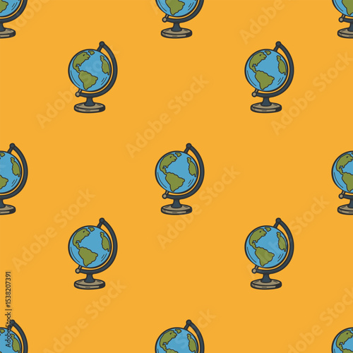 Fun seamless pattern with globes on bright orange background, ideal for kids educational or school themed designs. Vector art
