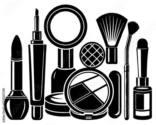 A glamorous collection of beauty cosmetics, including a makeup brush set, lipstick, and powder, for facial care
