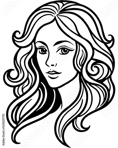 A stunning vector illustration of a woman's face with long, curly black hair, showcasing her glamorous beauty and artistic makeup style