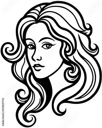 Fashionable woman's face sketch with long, curly hair, showcasing her beauty, elegant makeup, and glamour through vector art design
