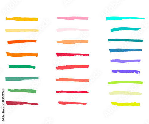 Collection of vibrant hand drawn marker strokes in various colors isolated on transparent background, perfect for highlights, design accents, and creative projects. Vector art