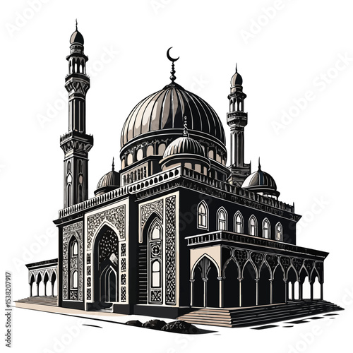 Taj Mahal vector illustration: iconic white marble mausoleum in Agra, India, a stunning example of Islamic architecture and a popular travel landmark