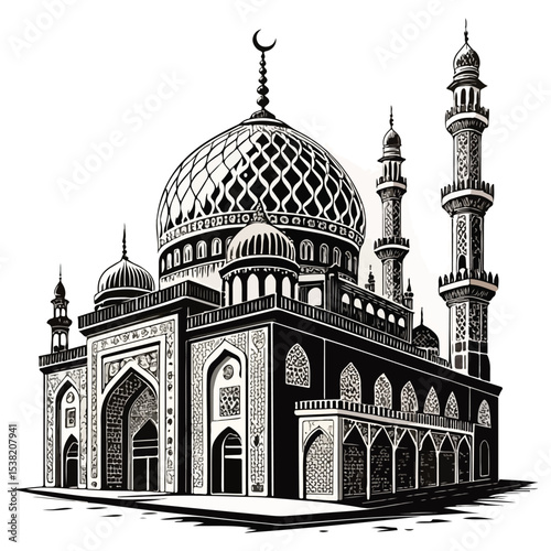 Taj Mahal vector illustration: iconic white marble mausoleum in Agra, India, a stunning example of Islamic architecture and a popular travel landmark