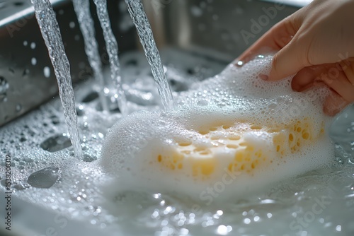  Dirty dishes under rinsing stream, plate covered in soap foam, sponge in hand, water motion and clean shine emerging on white background.