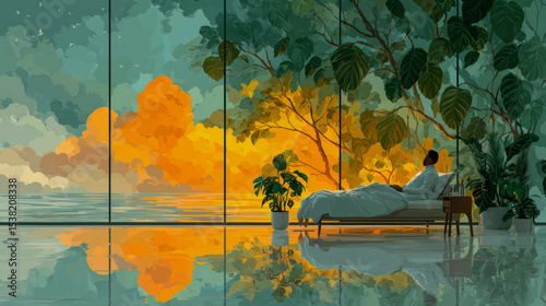 A serene illustration depicting a man resting in a hospital bed surrounded by plants. The room has a cozy and calming atmosphere,