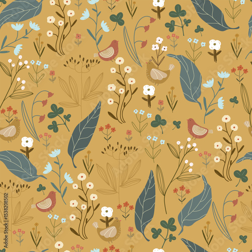 Floral pattern with different flowers, leaves, berries and cute birds. Vector illustration with plants and animals, seamless pattern.