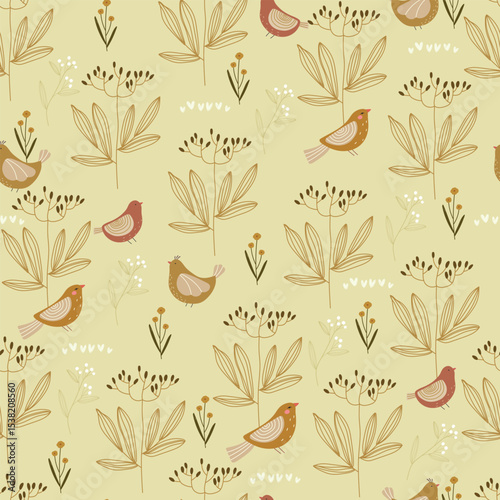 Birds and plants on pastel yellow background. Vector illustration with hand drawn birds and flowers.