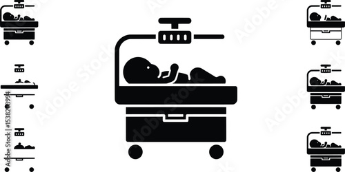 Healthcare Vector Illustration of a Newborn Baby in an Incubator, Hospital Environment, Medical Concept