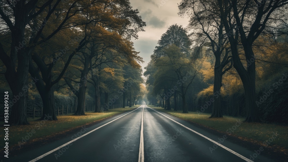 Fototapeta premium A scenic road with trees on both sides, a bicycle path.