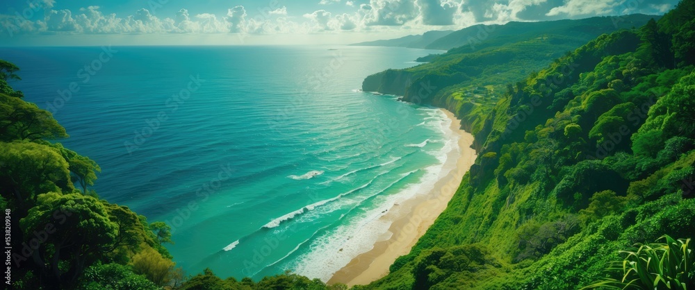 Fototapeta premium A Serene Coastal View From Above, Showcasing A Vast Ocean And Lush Greenery with Empty Copy Space For Text