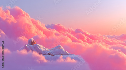 A person lying in bed with a peaceful expression, surr