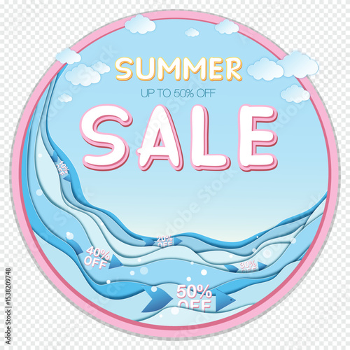 Isolated round Summer sale banner featuring Summer sale and 50% off inscription, clouds and sea. Banner made in paper craft style, 3D, layered. Vector EPS illustration, eazy to edit
