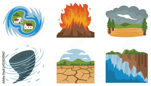 Vector illustration set of four season icons: summer beach, spring flower, autumn leaf, and winter mountain nature landscape