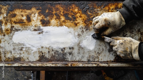 Restoration in Progress, gloved hand applying white paint on rusted metal, contrasts old corrosion with fresh paint, industrial tools nearby