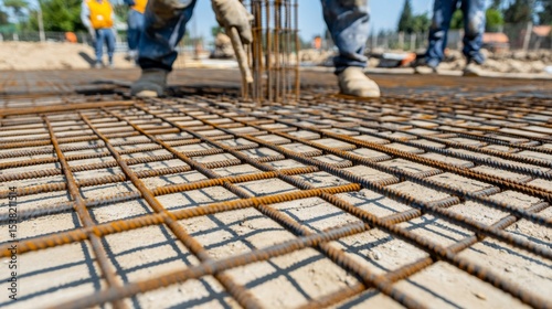 Reinforced Steel Mesh Preparation at Construction Site, detailed grid arrangement, construction workers organizing materials, sunlight enhancing steel texture