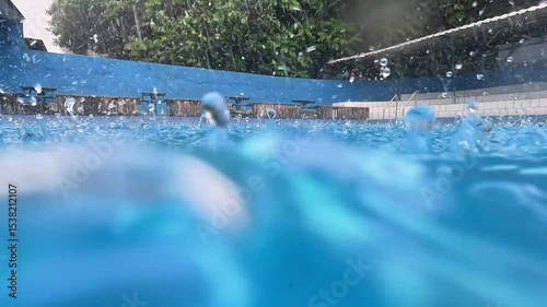 Raindrops falling in the swimming pool. Clean swimming pool.