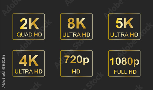Video resolutions full ultra quad HD, video quality badge icon. Video resolution set.