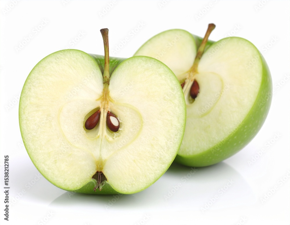 Fresh Green Apple Halves with Seeds on a White Background Fresh Green Apple Halves with Seeds on a White Background