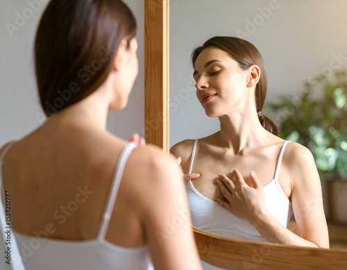 A woman doing breast self-examination in front of a mirror