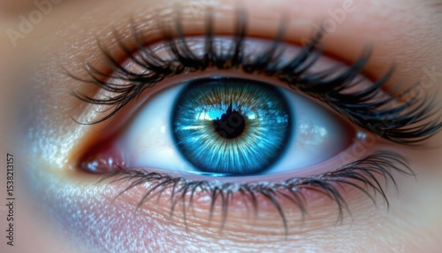 realistic beautiful close up of a human eye with a blue iris, zoomed in for maximum detail created by: subject at the bottom.